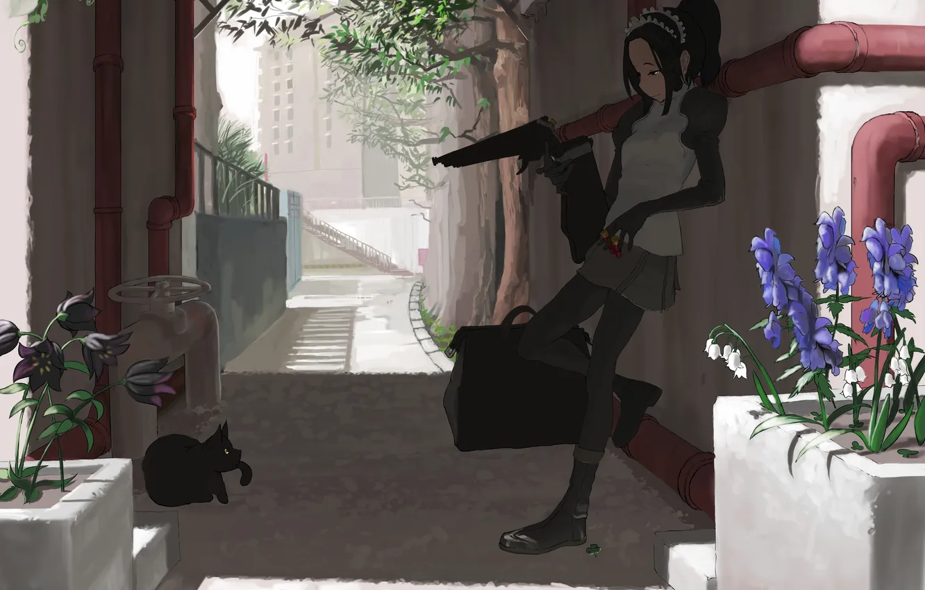 Фото обои кошка, девушка, солнце, цветы, оружие, улица, арт, арка