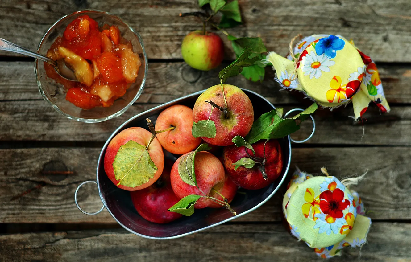 Фото обои осень, яблоки, урожай, баночки, фрукты, джем, варенье