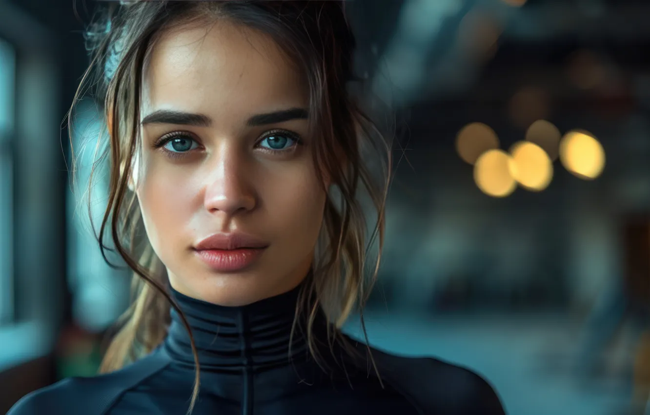 Фото обои взгляд, девушка, поза, портрет, актриса, синий фон, молодая, в черном