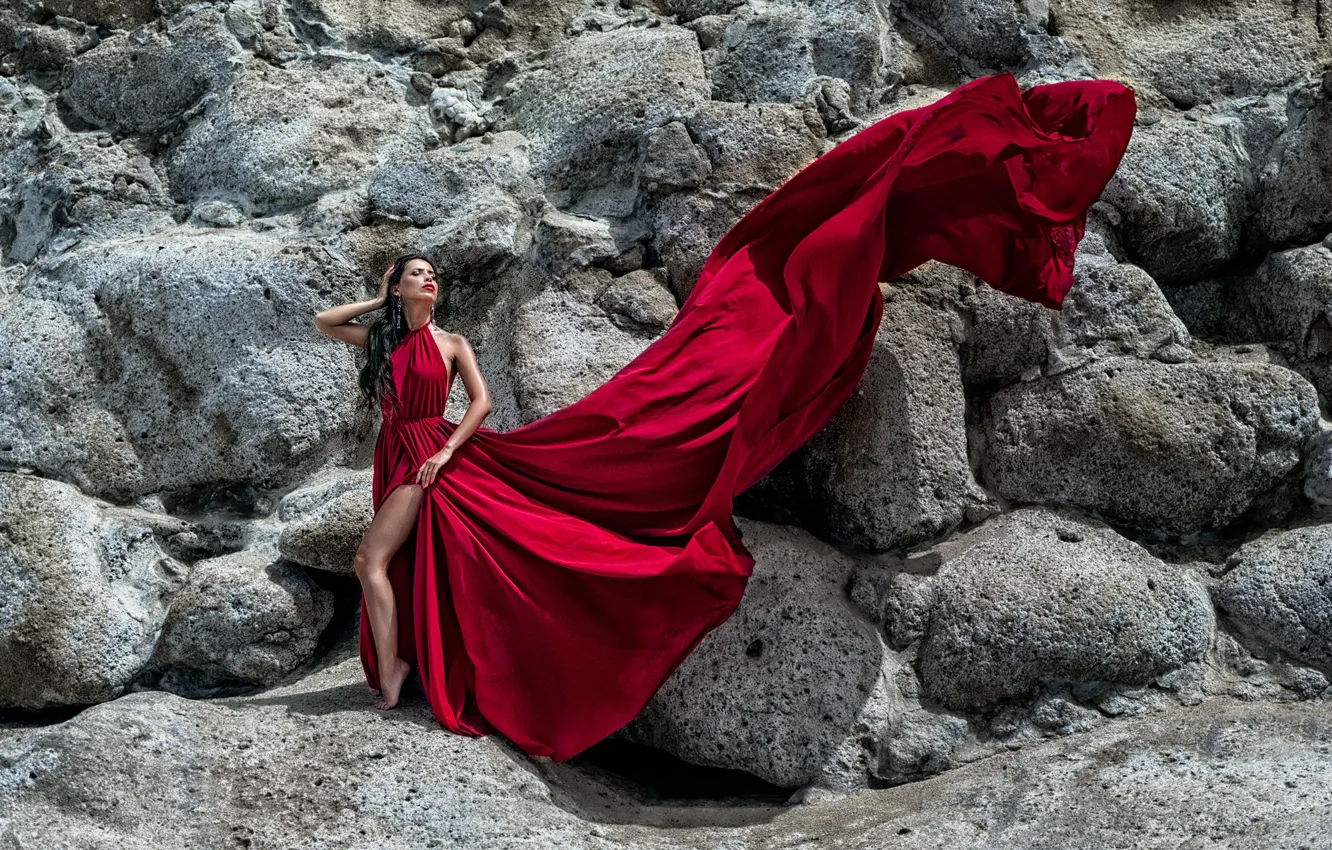 Фото обои девушка, поза, ветер, шлейф, фигура, платье, красивая, Илья Ткачёв