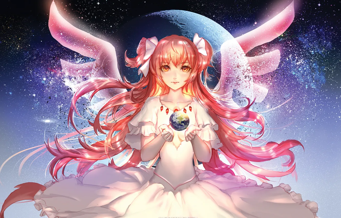 Фото обои девушка, планета, крылья, платье, арт, рыжая, сфера, anime