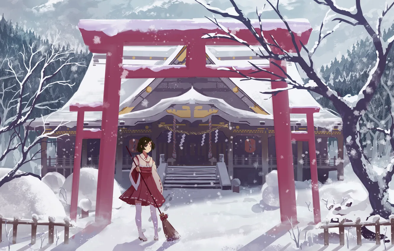 Фото обои зима, девушка, снег, арт, храм, метла, врата, haraguroi you