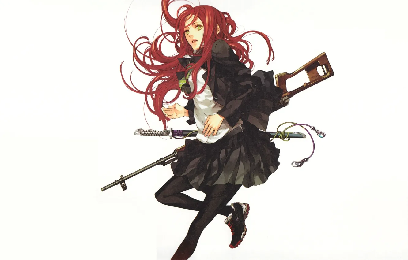 Фото обои катана, белый фон, рыжая, школьница, винтовка, кроссовки, art, kazuaki