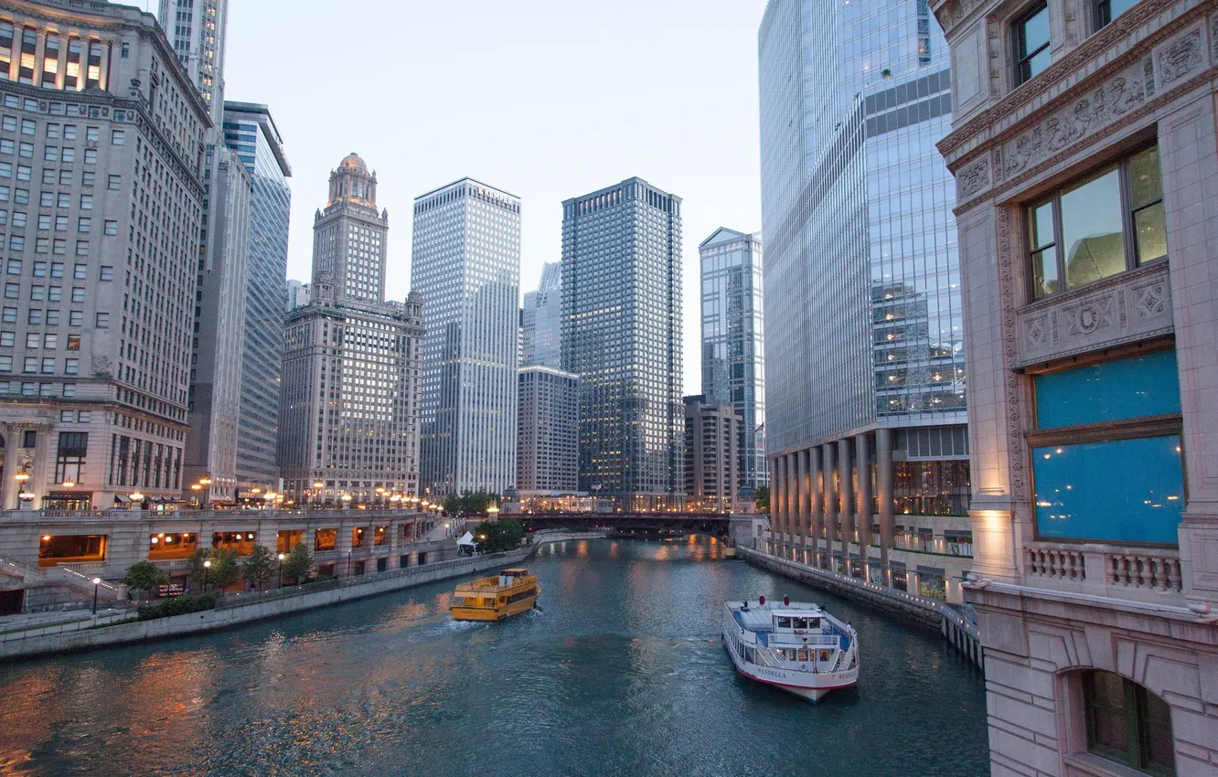 Фото обои город, река, здания, дома, небоскребы, Чикаго, Иллиноис