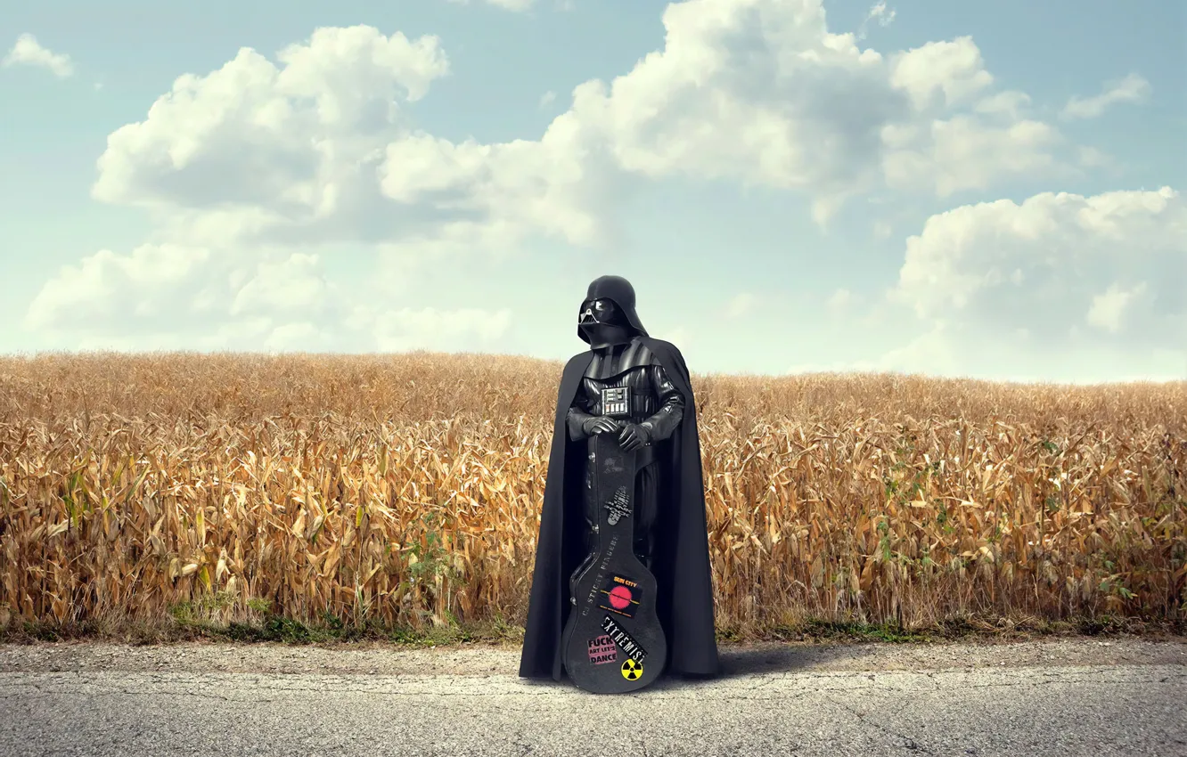 Фото обои дорога, поле, облака, гитара, Darth Vader, плащ, Дарт Вейдер