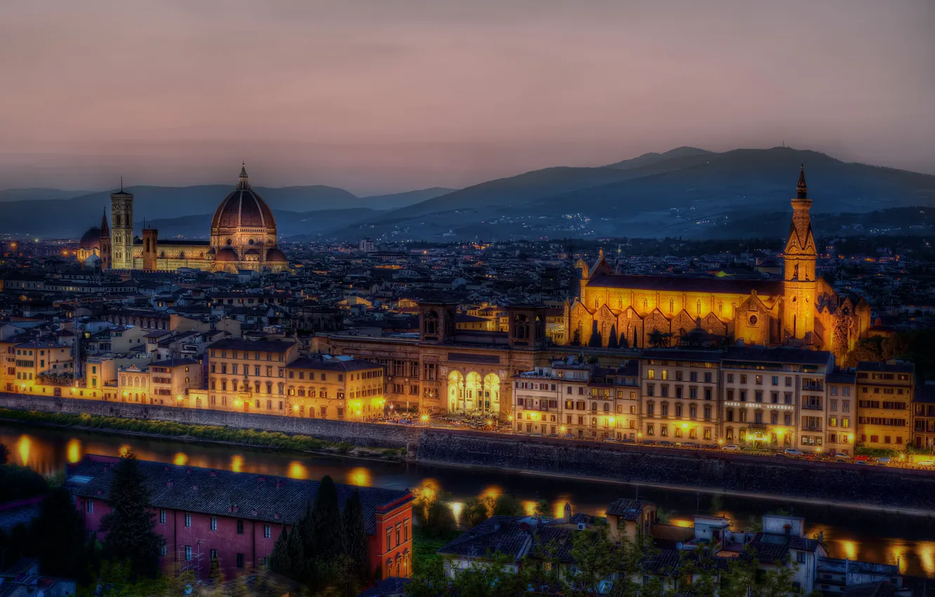 Фото обои ночь, огни, Италия, панорама, Флоренция
