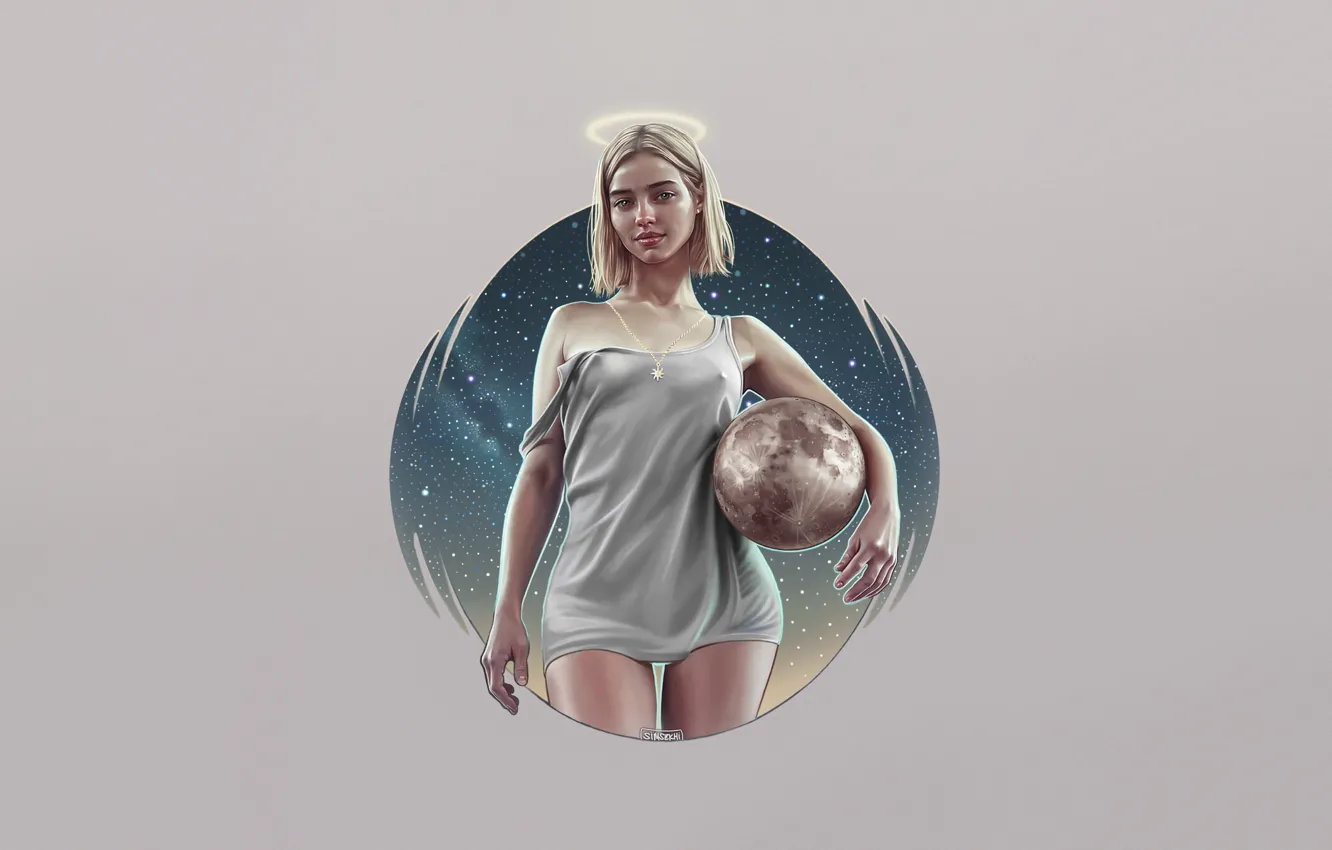 Фото обои девушка, космос, стиль, мяч, планета, минимализм, блондинка, space