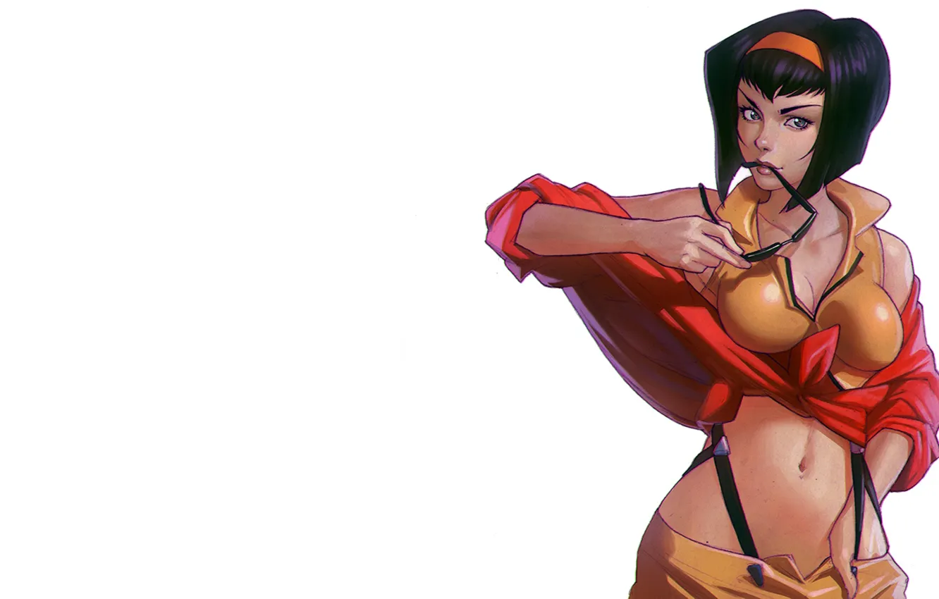 Фото обои anime, short hair, cowboy bebop, belly, sunglasses, Faye Valentine, simple background, looking at viewer
