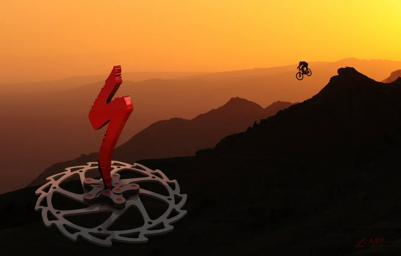 Фото обои горы, велосипед, рендеринг, спорт, графика, cinema 4d, байкер, байк