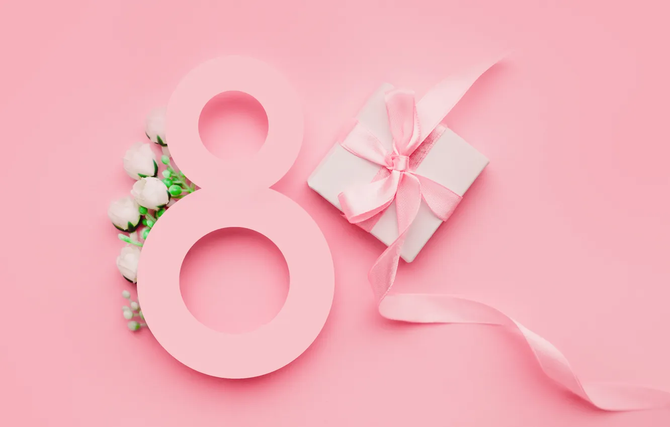 Фото обои цветы, розы, цифра, лента, happy, розовый фон, 8 марта, pink