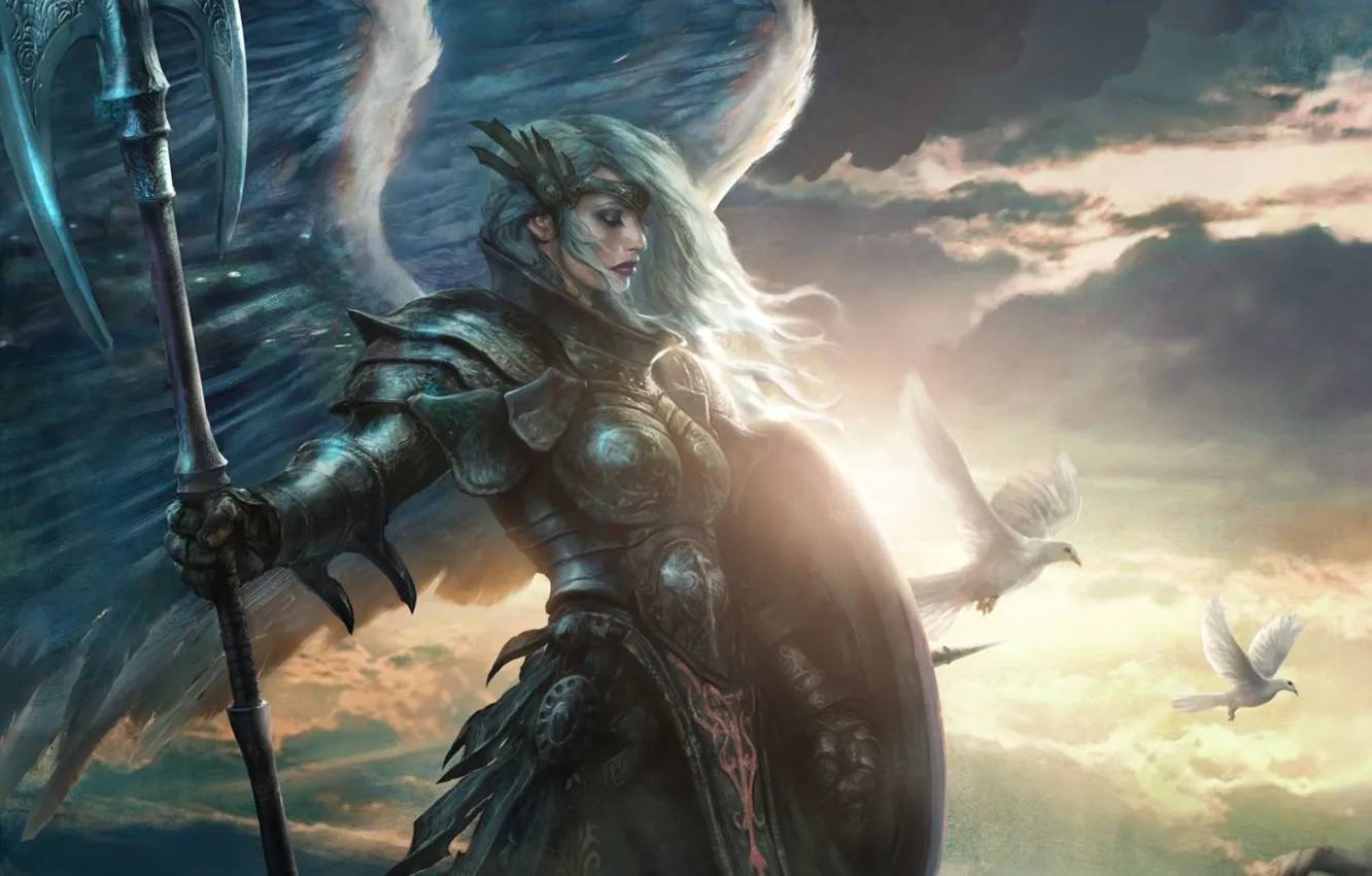 Фото обои девушка, птицы, оружие, крылья, ангел, арт, голуби, щит
