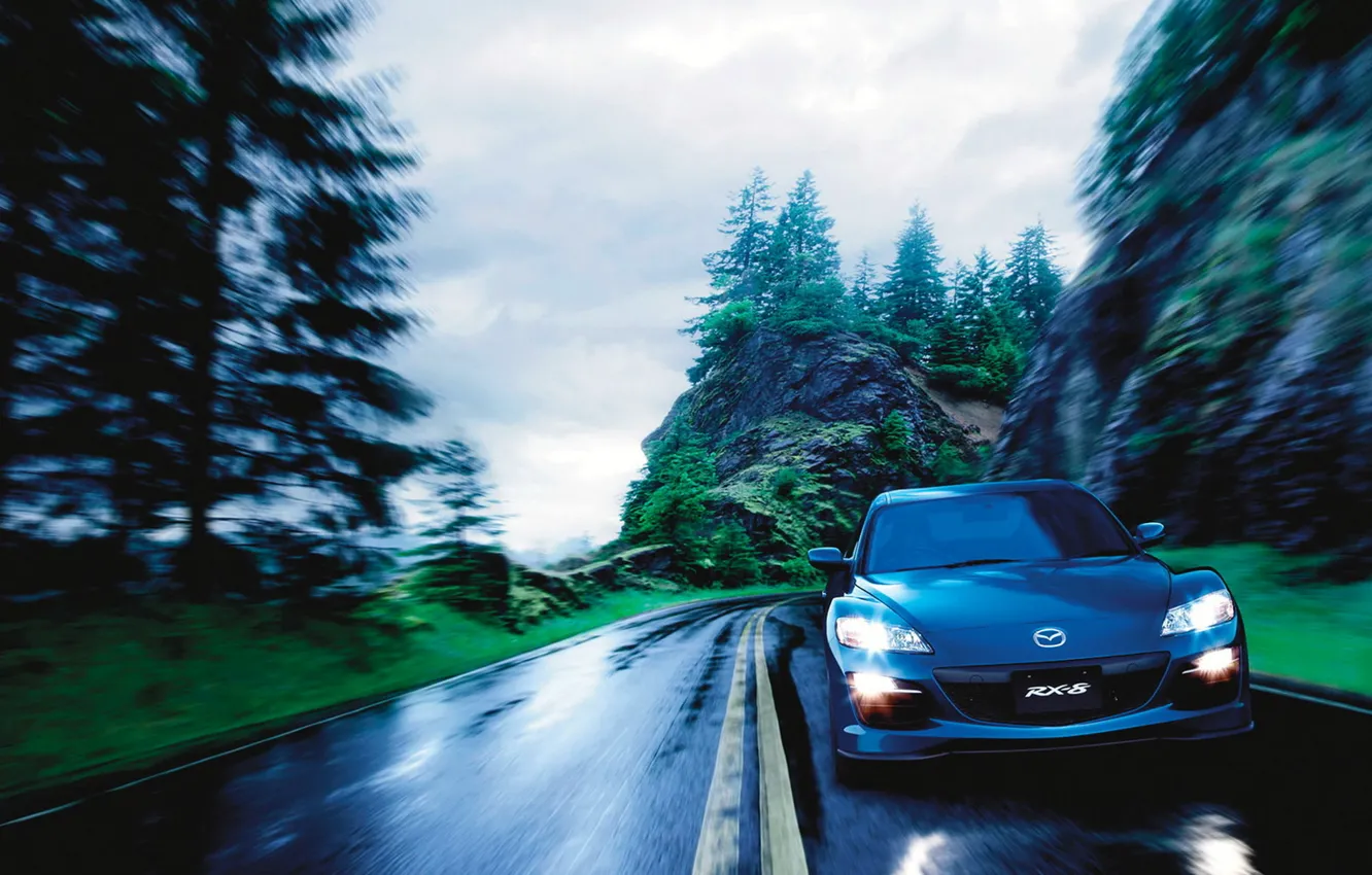 Фото обои дорога, скалы, скорость, Auto, Mazda RX 8