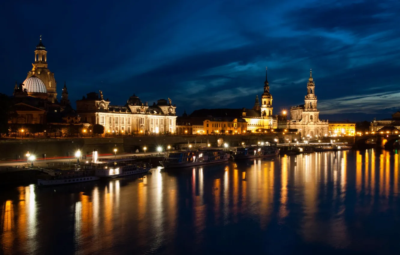 Фото обои ночь, огни, река, Германия, Дрезден