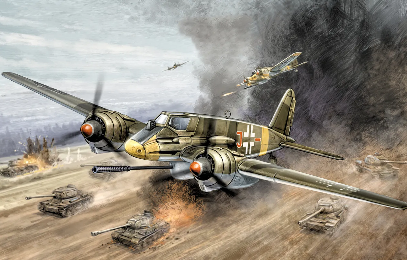 Фото обои war, art, painting, aviation, ww2, Henschel Hs 129 B3, &quot;Tank Buster&quot;, ground-attack aircraft