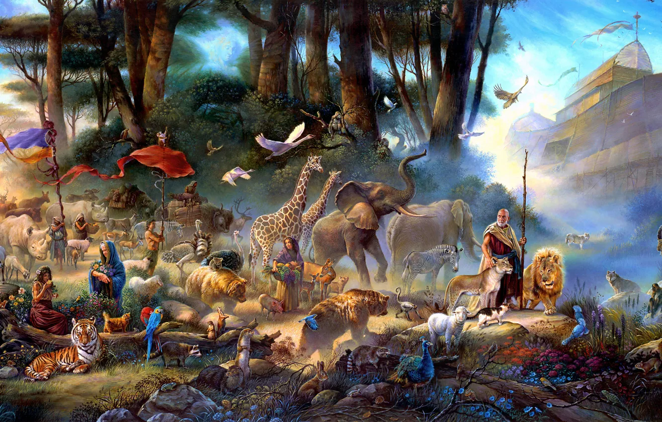 Фото обои животные, женщины, деревья, цветы, птицы, туман, камни, звери