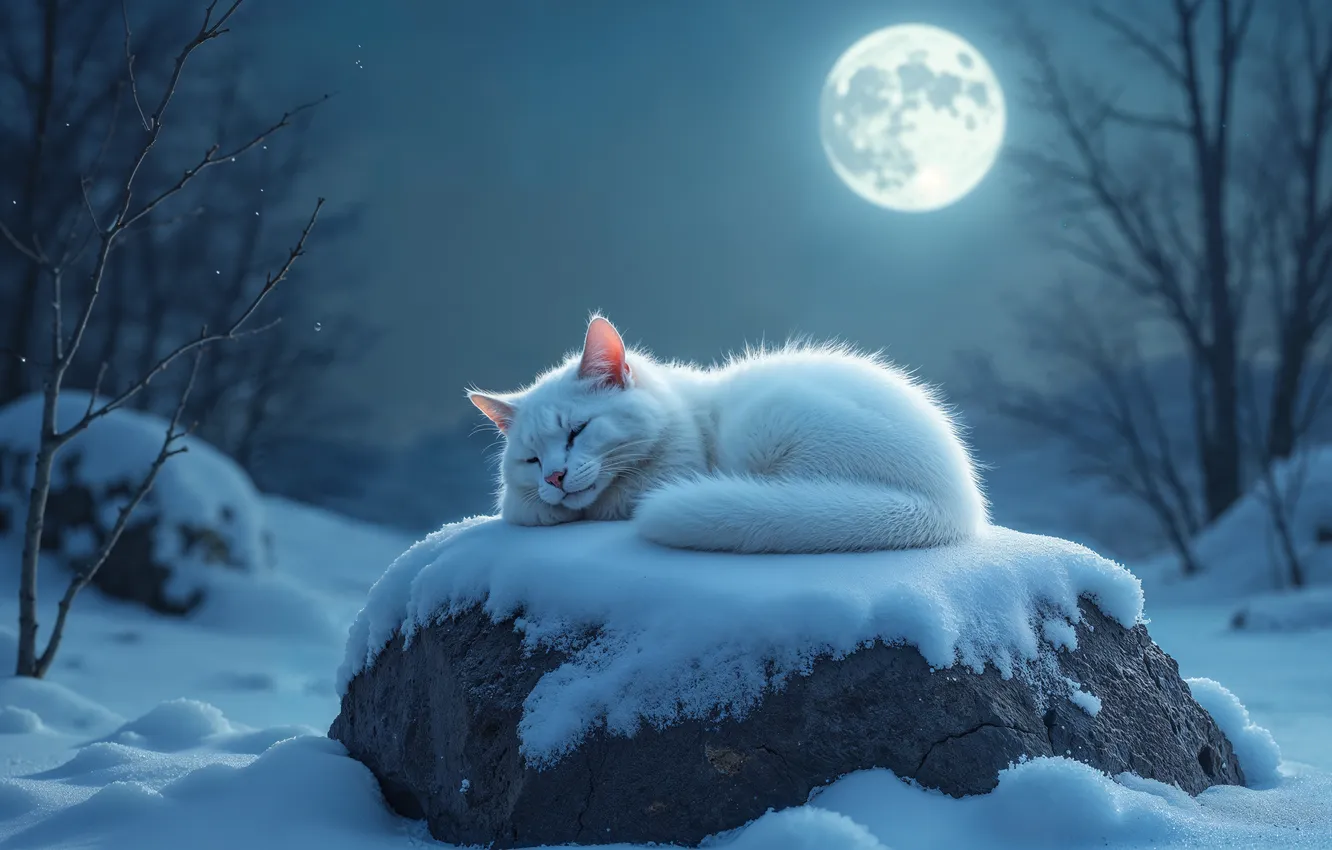 Фото обои зима, кошка, снег, деревья, ночь, луна, moon, white