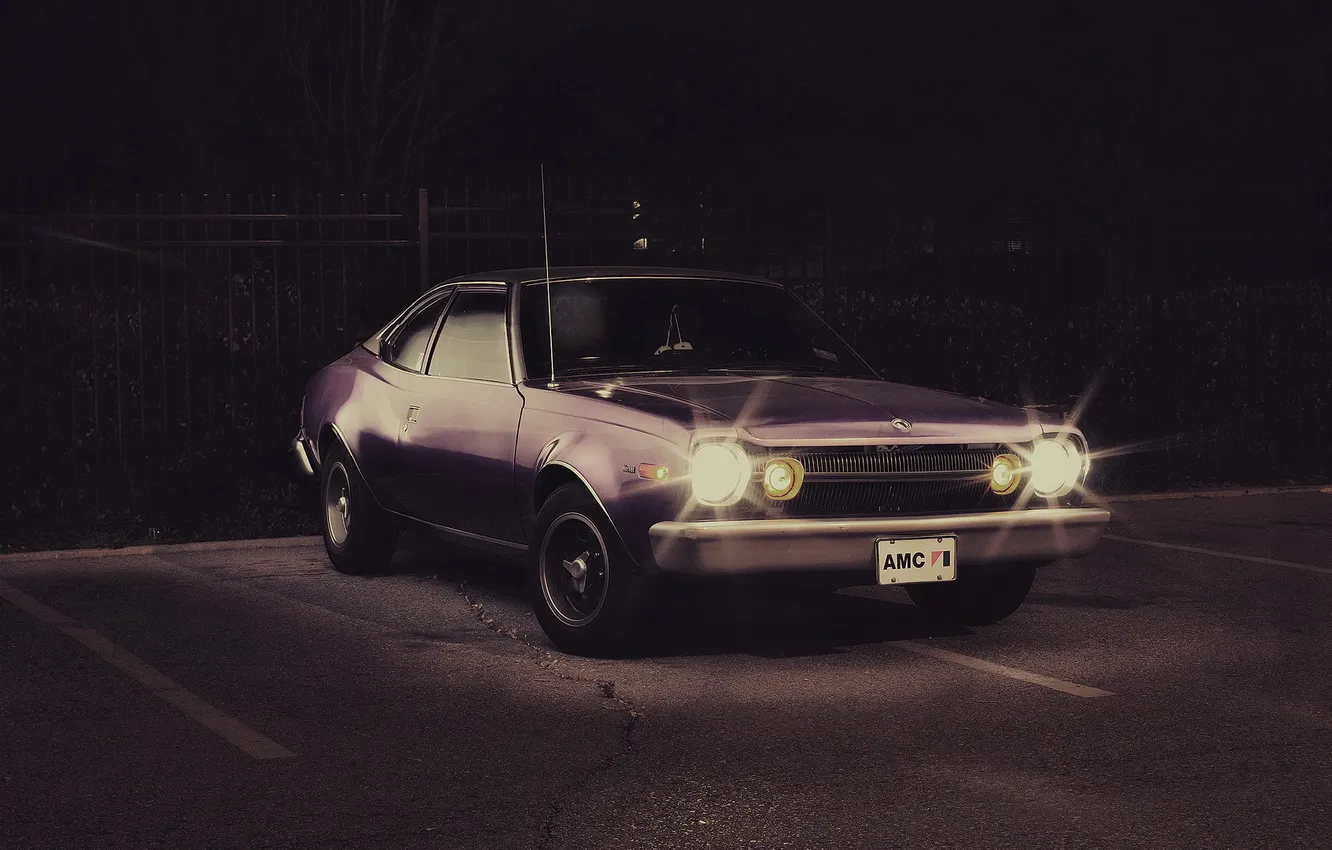 Фото обои ночь, классика, muscle car, свет фар, 1974, AMC Hornet