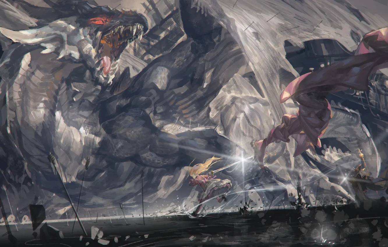 Фото обои дракон, арт, девочка, стрелы, поле битвы, pixiv fantasia, alcd