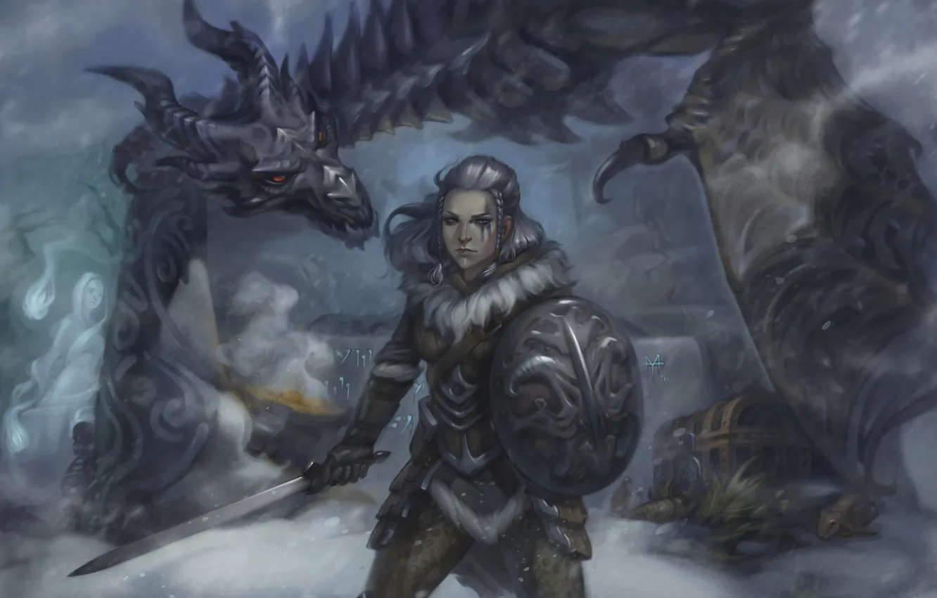 Фото обои девушка, снег, дракон, дух, меч, арт, сундук, щит