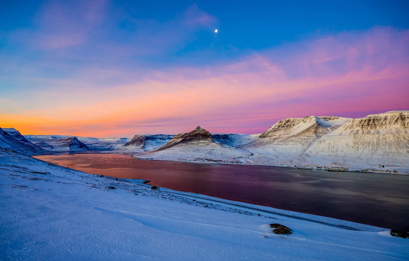 Фото обои зима, снег, пейзаж, озеро, рассвет