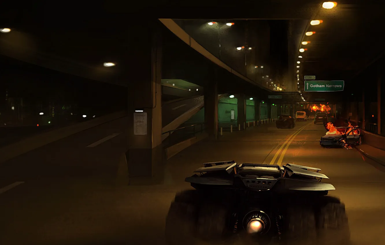 Фото обои batman, batman begins, batcar, batman tumbler, batman artwork
