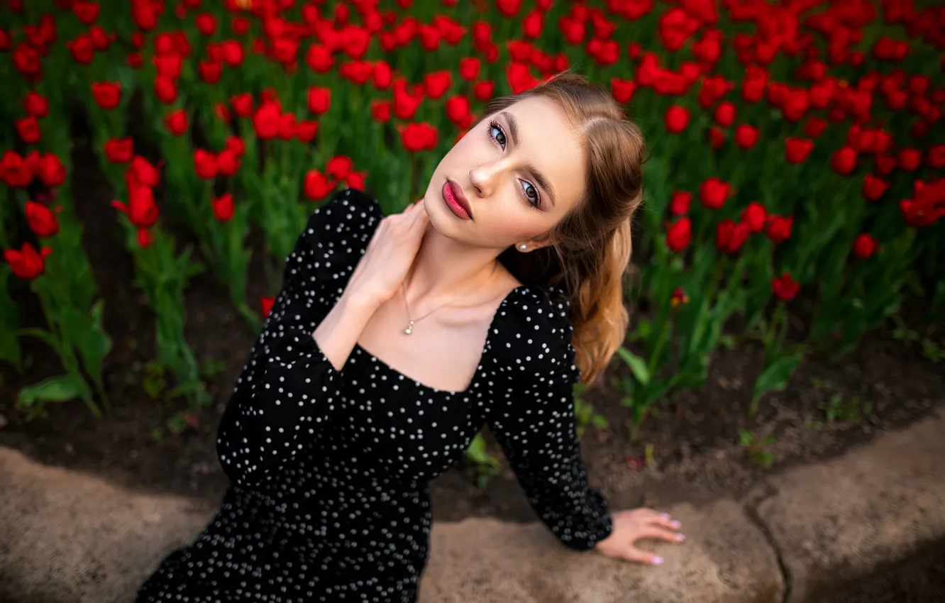 Фото обои взгляд, девушка, цветы, лицо, поза, руки, макияж, платье