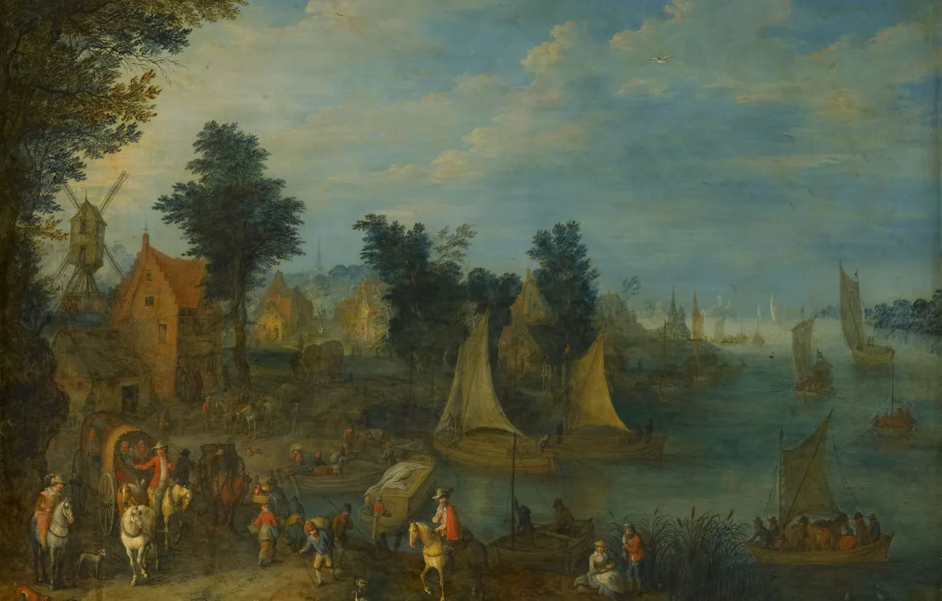 Фото обои пейзаж, масло, картина, Деревня на берегу реки, Джозеф ван Бредаль, 1723, Joseph van Bredael