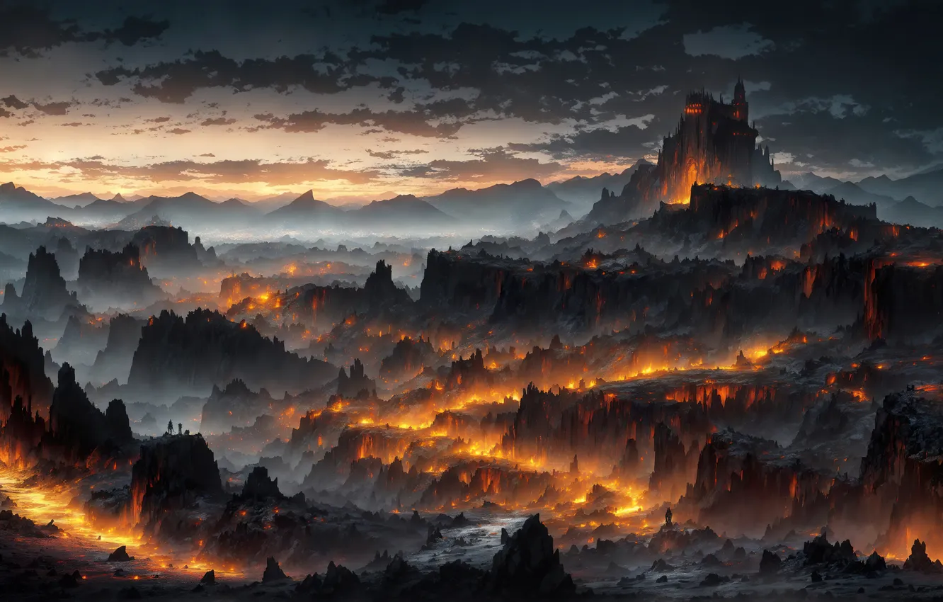 Фото обои fire, twilight, landscape, art, rocks, painting, castle, digital art