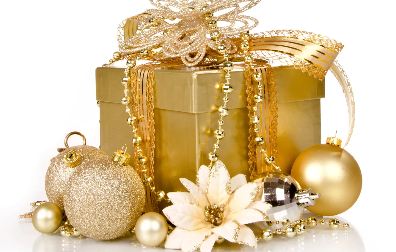 Фото обои украшения, золото, подарок, Рождество, Новый год, golden, Christmas, box