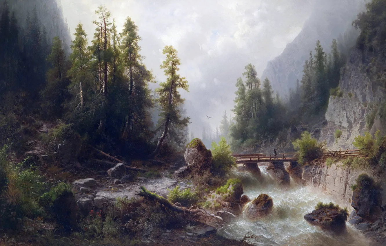 Фото обои лес, горы, мост, поток, ели, стремнина, Альберт Ригер, Горный ручей