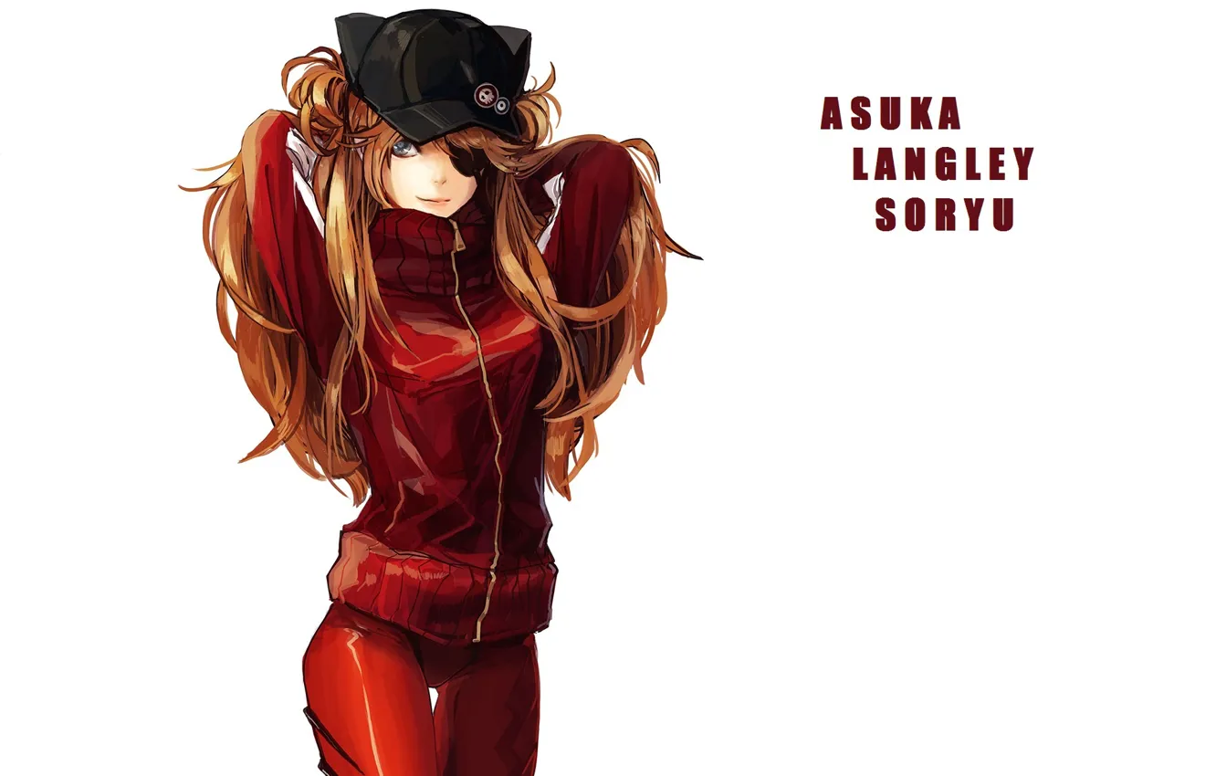 Фото обои молния, белый фон, кепка, рыжая, Neon Genesis Evangelion, длинные волосы, Asuka Langley Soryu, повязка на …