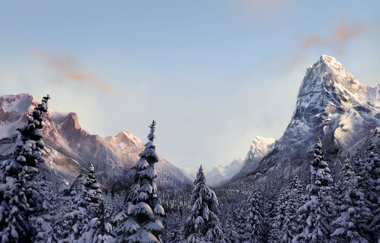 Фото обои зима, лес, горы, природа