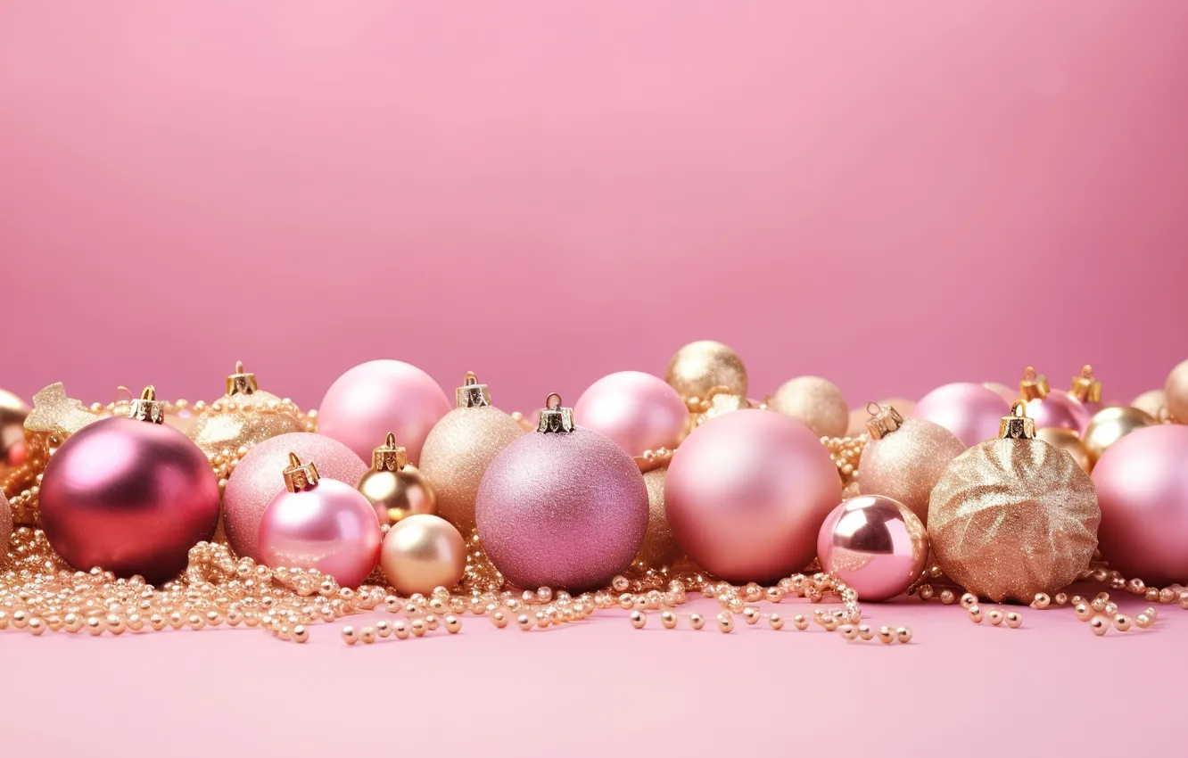 Фото обои украшения, фон, розовый, шары, Новый Год, Рождество, golden, new year