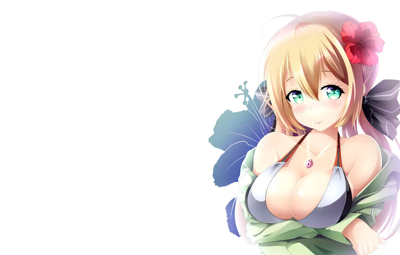 Фото обои girl, sexy, cleavage, blouse, green eyes, long hair, boobs, anime