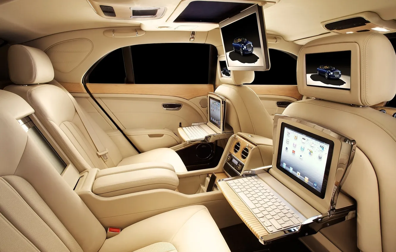 Фото обои интерьер, Bentley, седан, салон, шикарно, лимузин, бентли, экраны