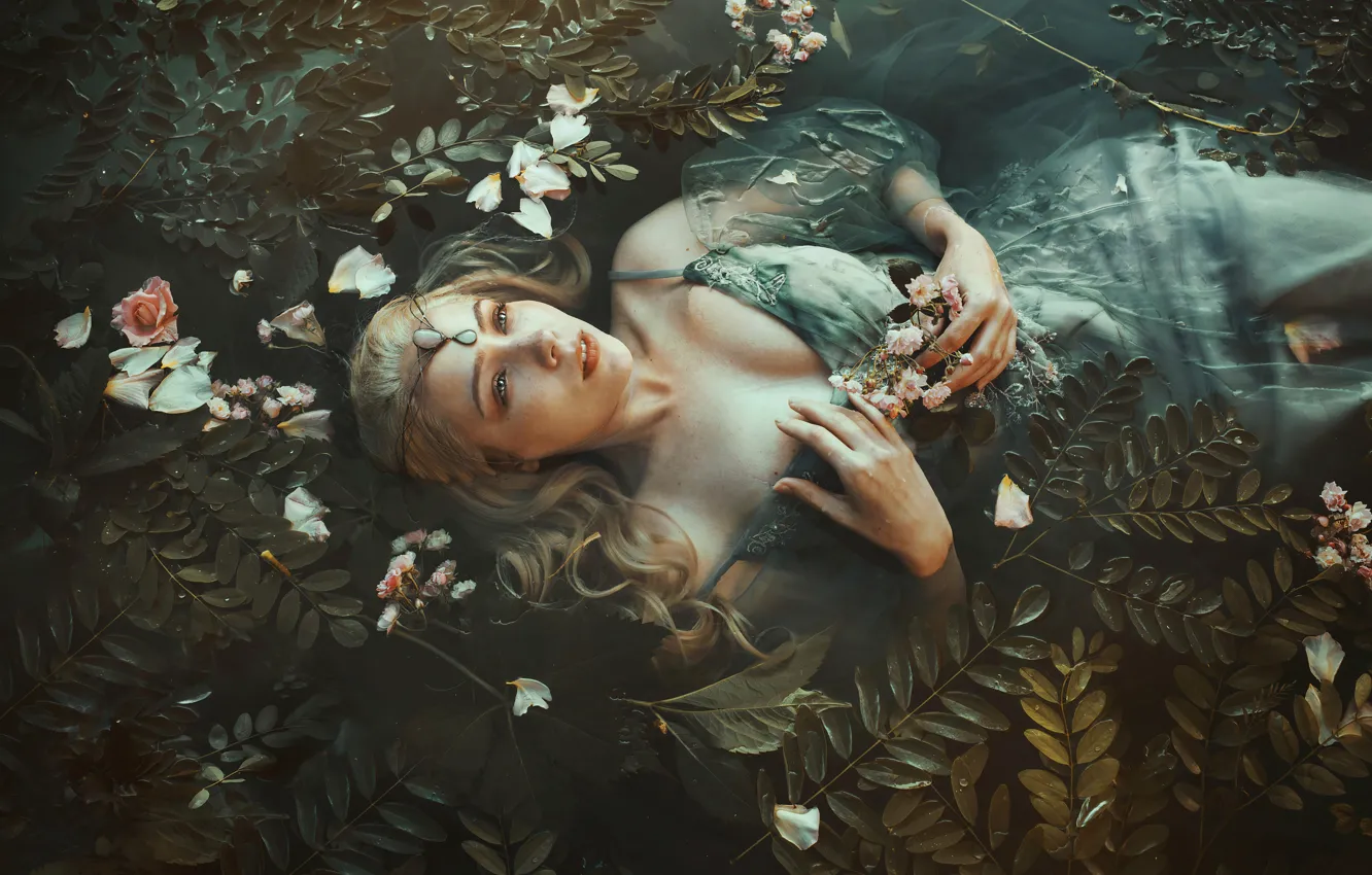Фото обои грудь, взгляд, листья, вода, девушка, цветы, ветки, лицо