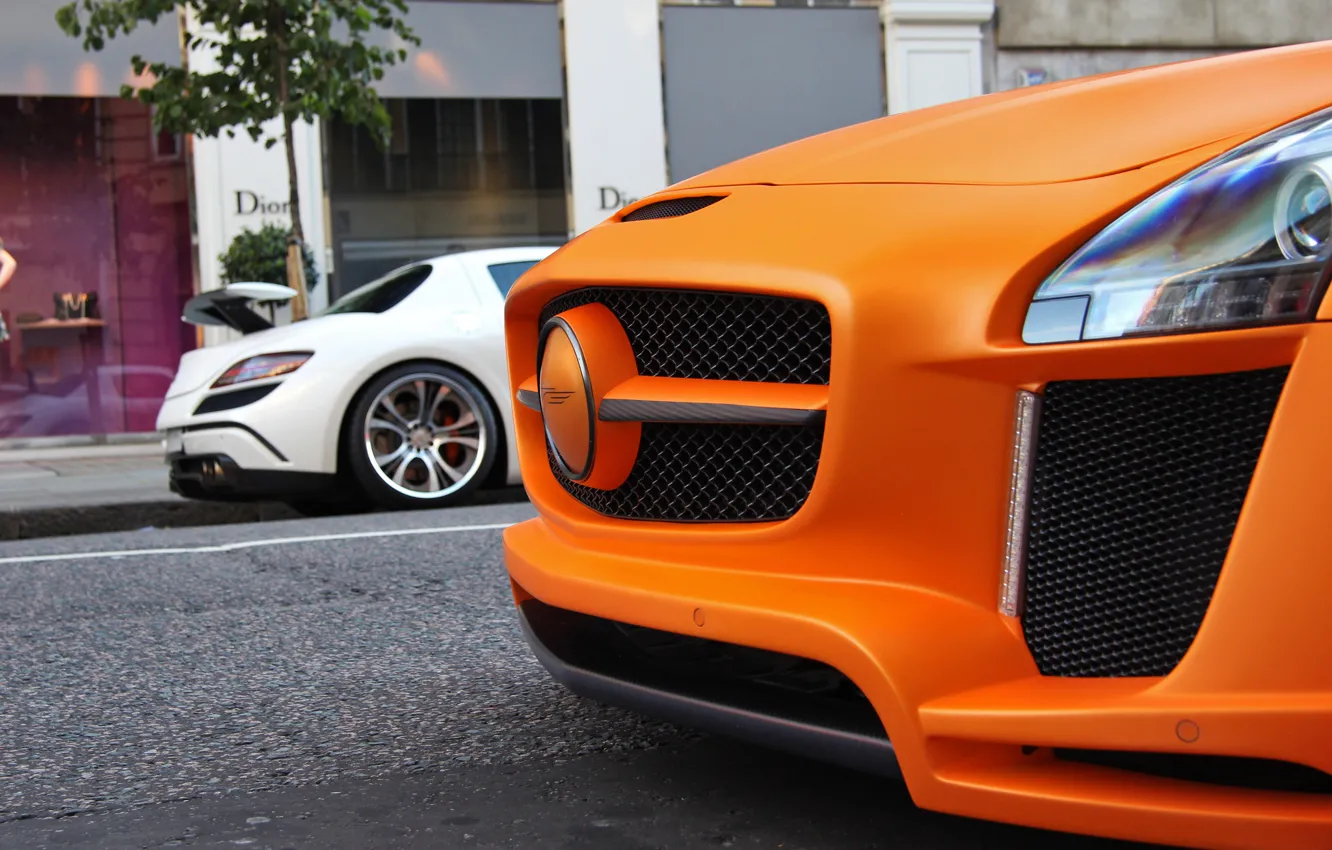 Фото обои белый, оранжевый, тюнинг, Mercedes, Design, SLS, tuning, orange