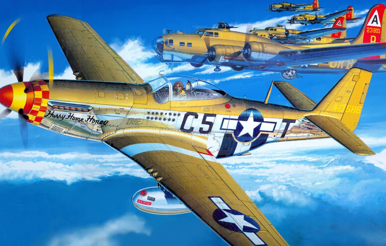Фото обои рисунок, Mustang, арт, North American, B-17, P-51D