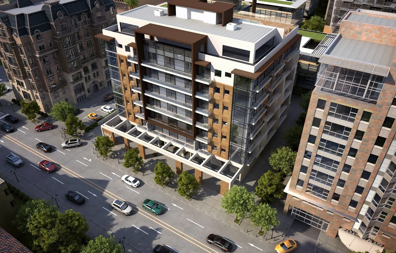 Фото обои дорога, дома, автомобиль, APARTMENT BUILDING, croesus