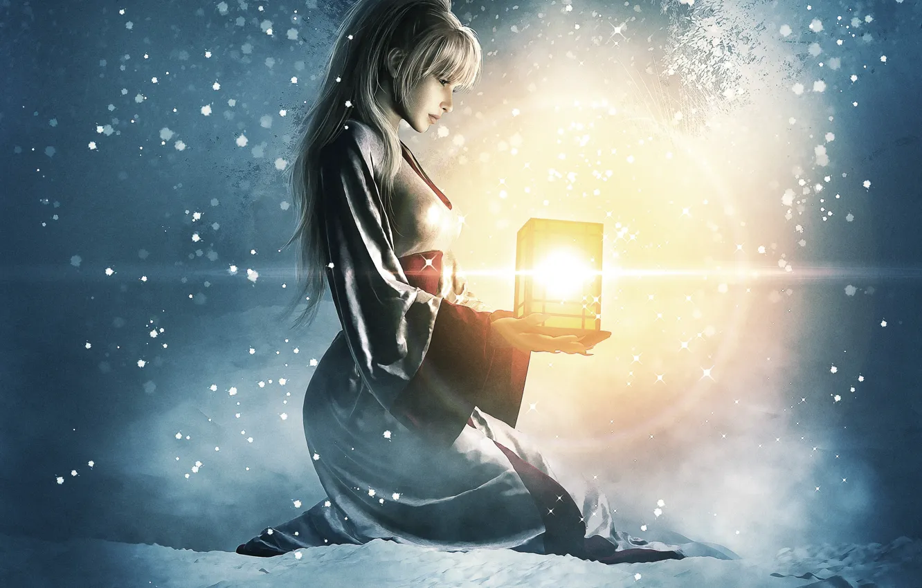 Фото обои зима, девушка, свет, снег, арт, фонарь, сидя