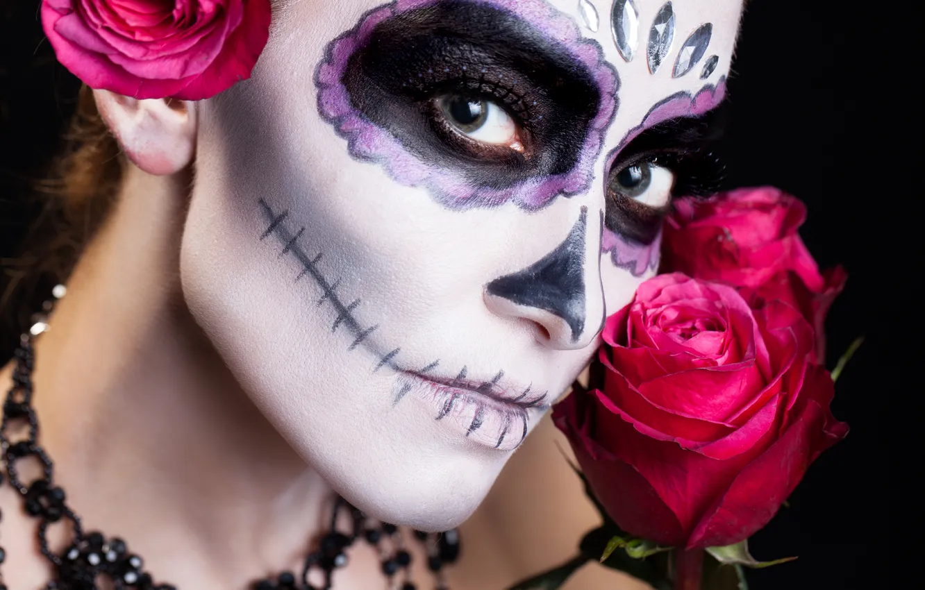 Фото обои pink, face, makeup, day of the dead