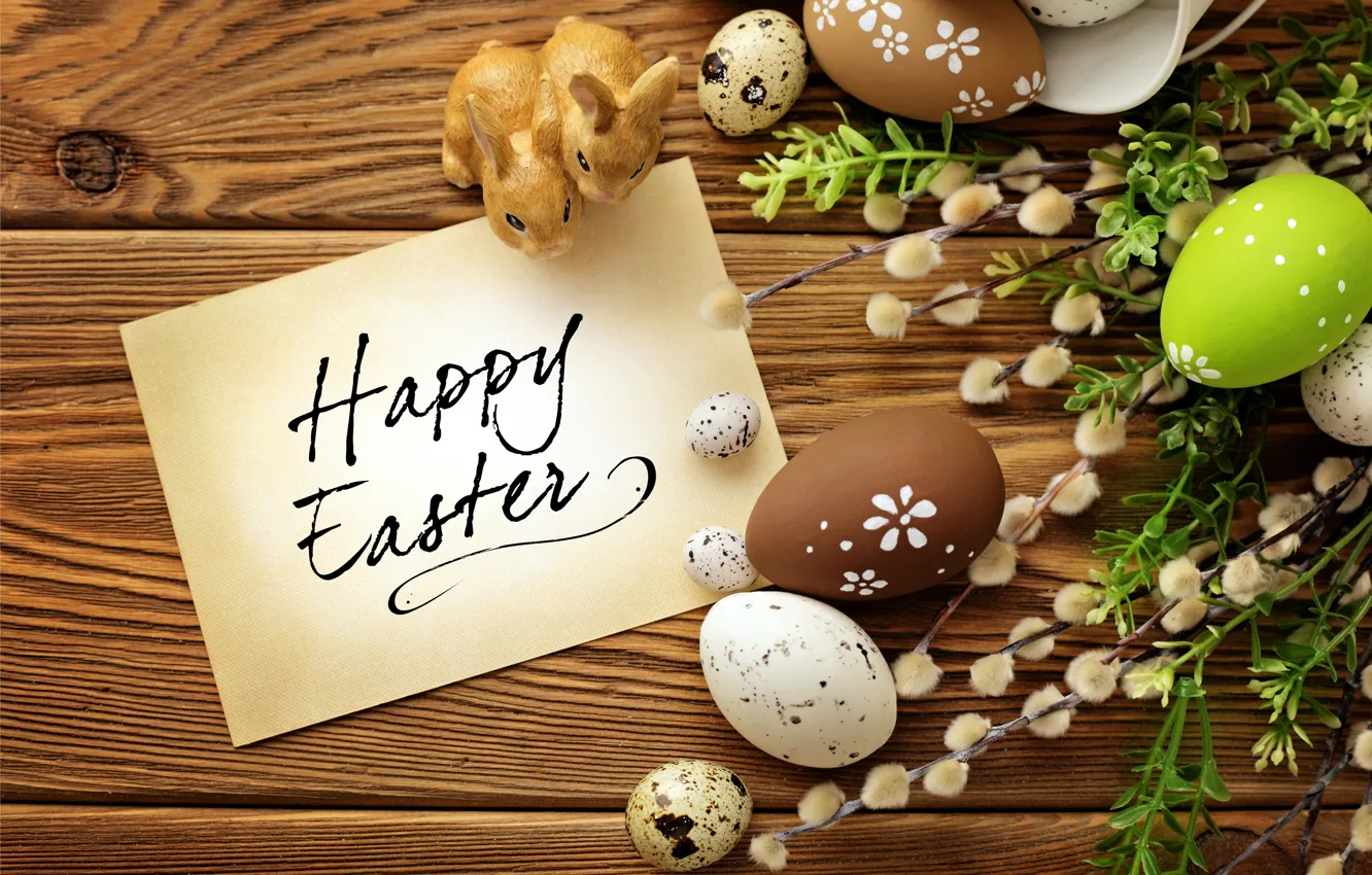 Фото обои яйца, Пасха, кролики, верба, flowers, spring, Easter, eggs