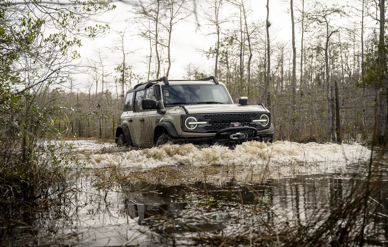 Фото обои Ford, Вода, Деревья, Внедорожник, SUV, Sport utility vehicles, Спортивный внедорожник, Ford Bronco Everglades special edition