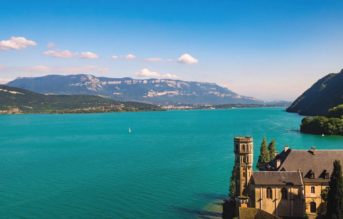 Фото обои горы, озеро, Франция, берега, Rhône-Alpes, Бурже, Le Lac du Bourget