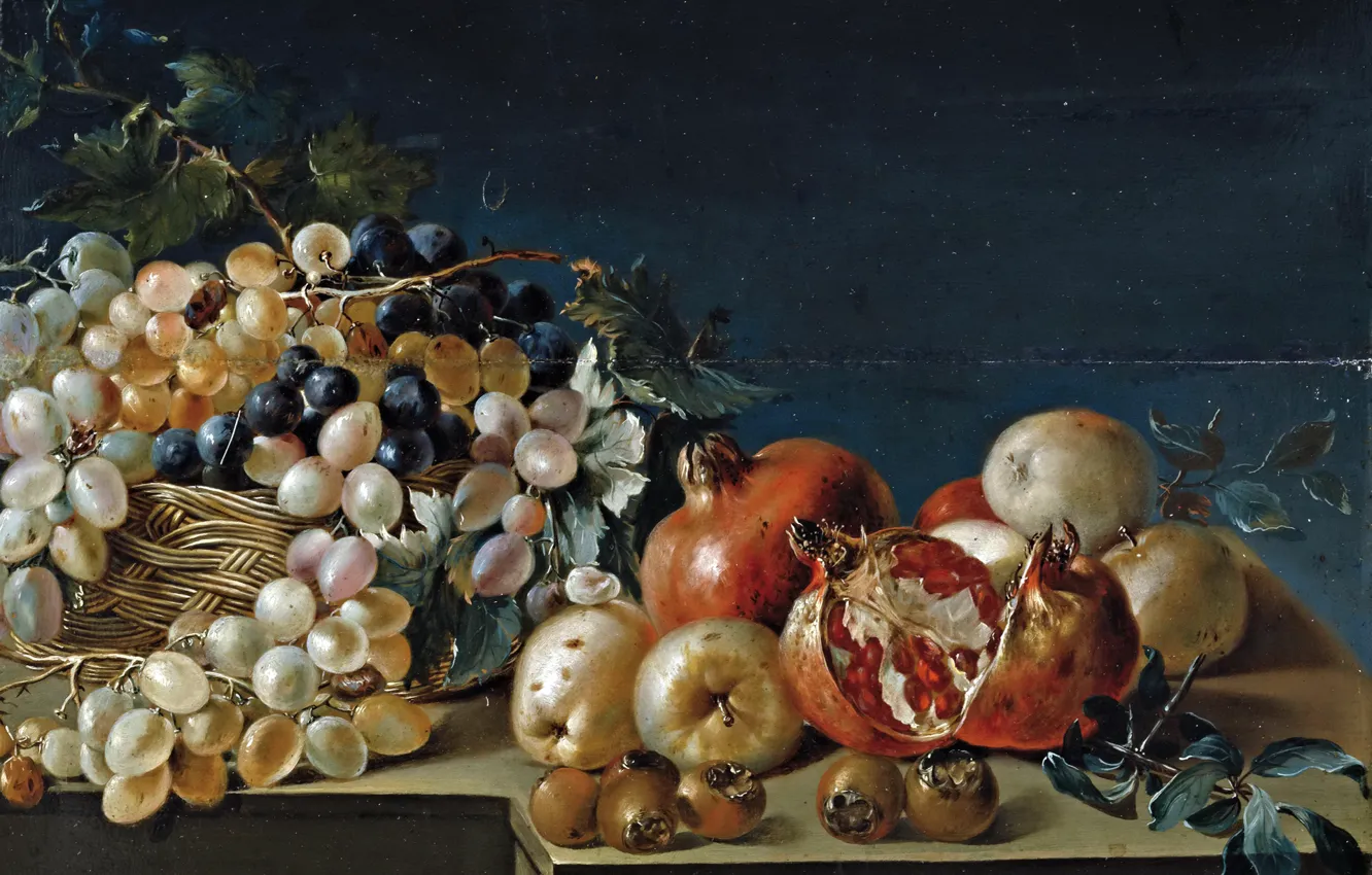 Фото обои еда, картина, Jose Ferrer, Натюрморт с виноградом и гранатами
