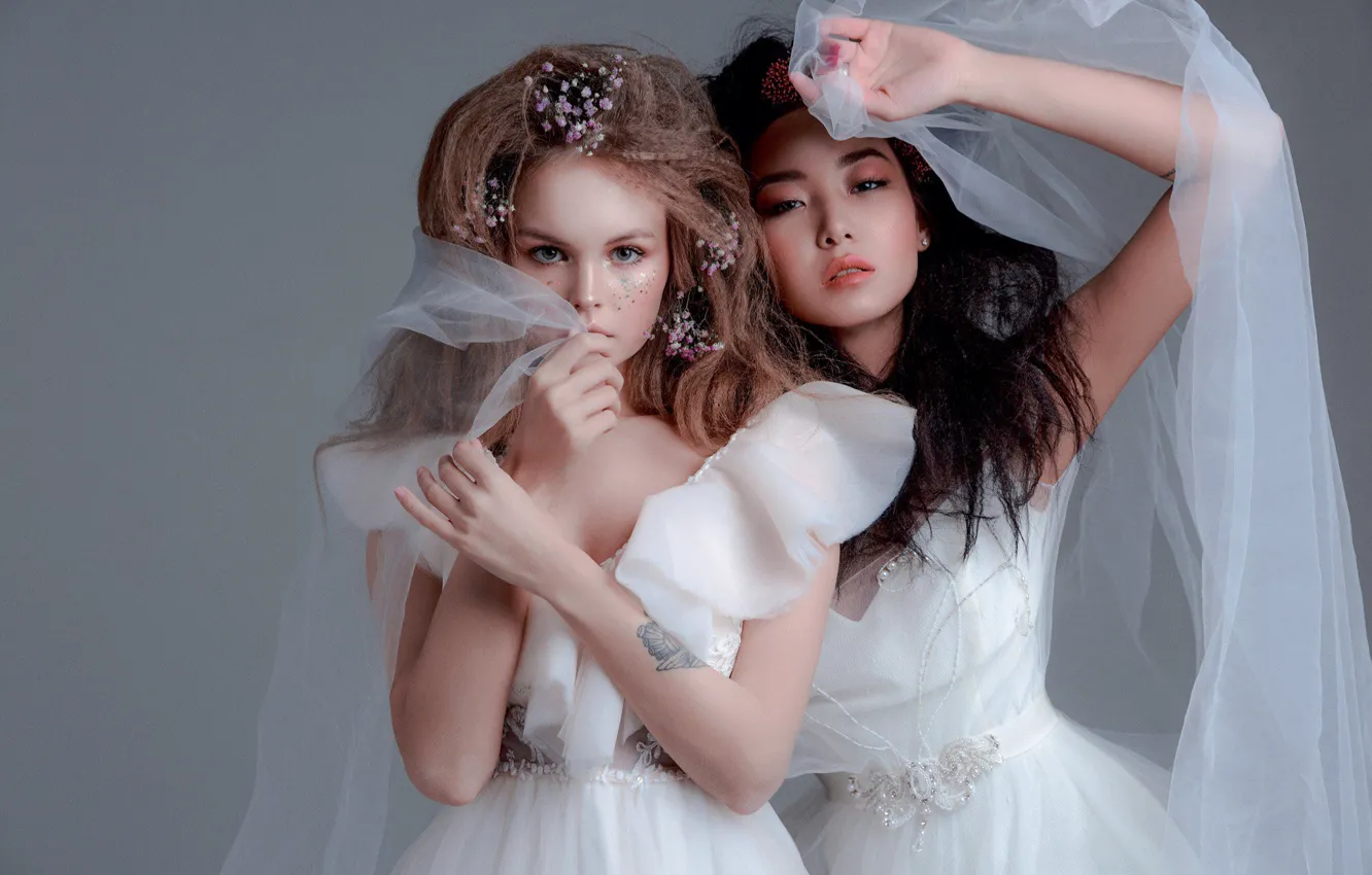Фото обои стиль, две девушки, модели, фата, свадебное платье, невесты, Анастасия Щеглова, Anastasiya Scheglova