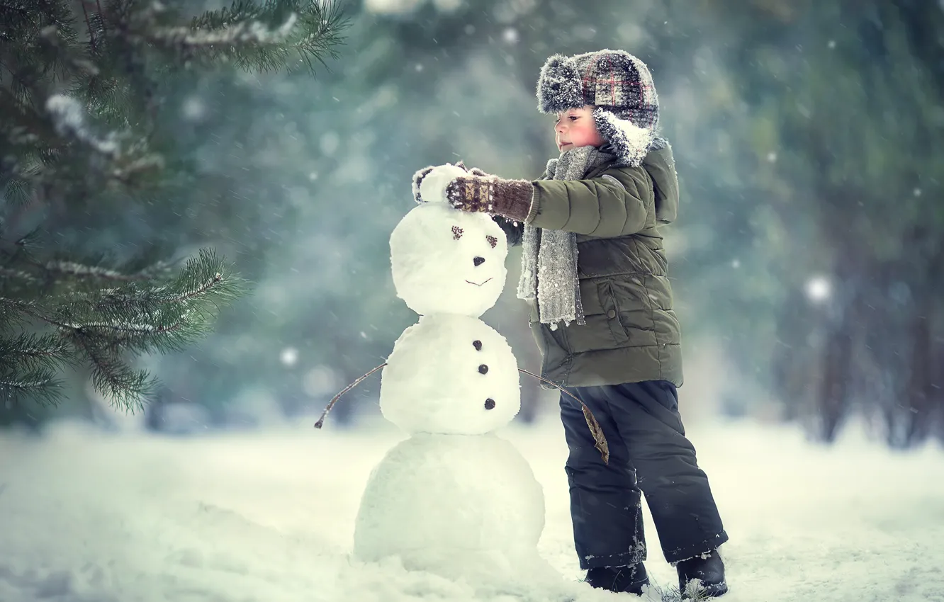 Фото обои зима, ребенок, мальчик, снеговик