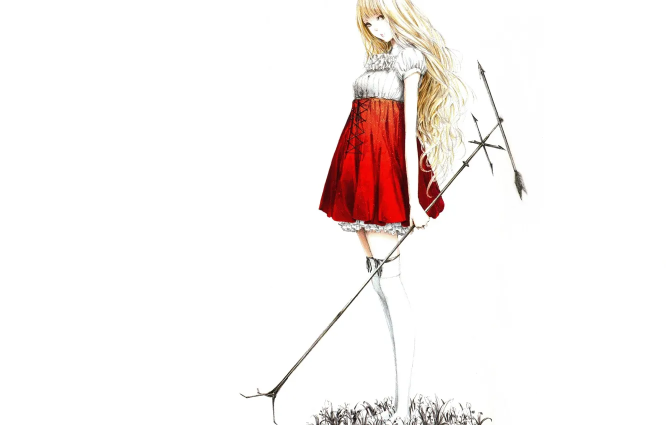 Фото обои блондинка, белый фон, травка, жезл, длинные волосы, белые чулки, красная юбка, by Sawasawa