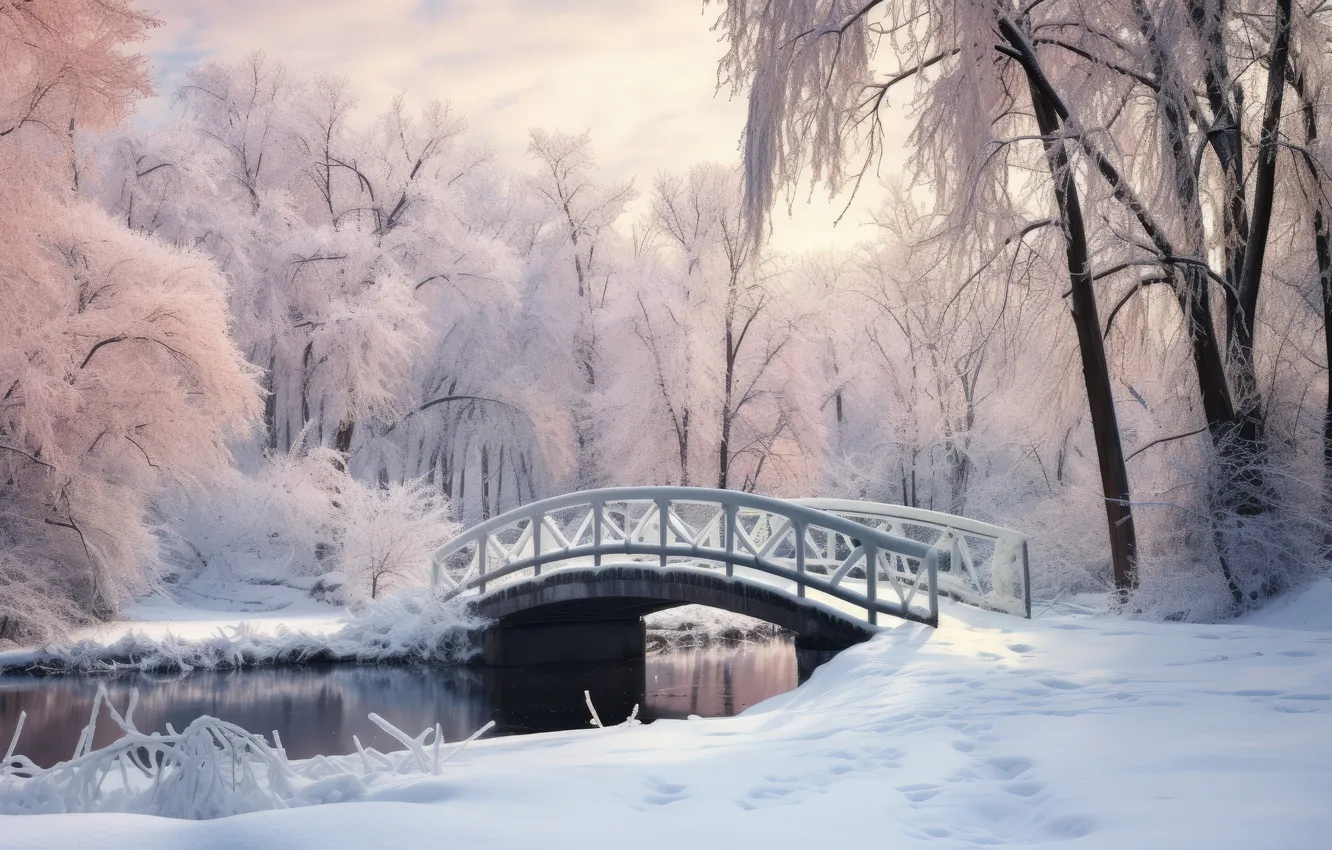 Фото обои зима, снег, мост, парк, landscape, bridge, park, winter