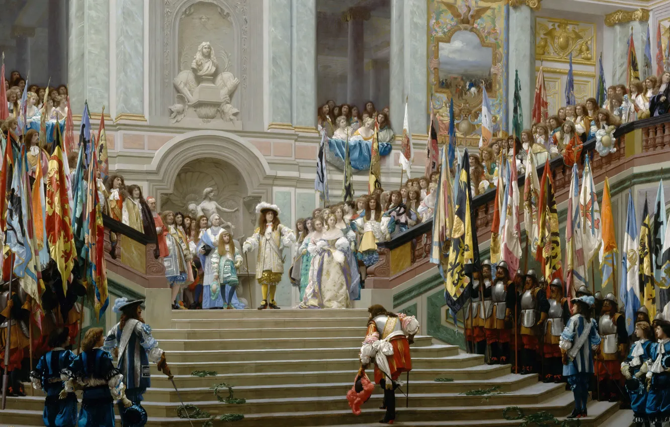 Фото обои интерьер, картина, история, жанровая, Жан-Леон Жером, Прием Принца Конде Людовиком XIV в Версале